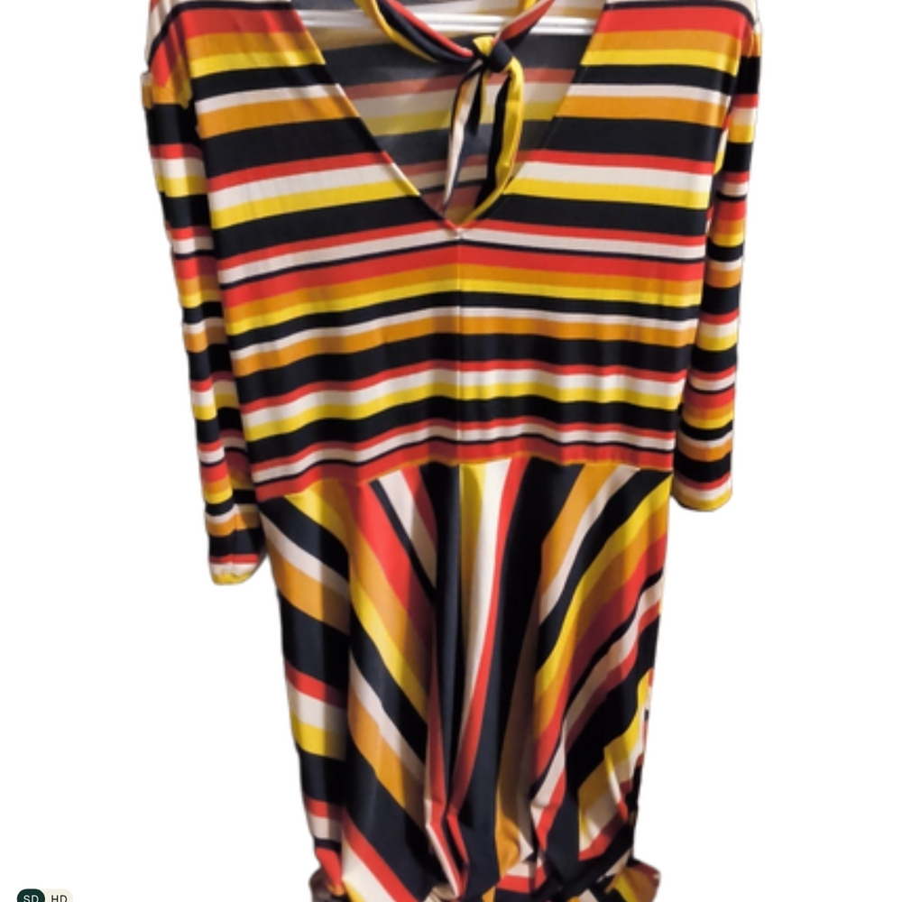 Striped V-Neck Midi Dress in Yellow, Black, Red And White.